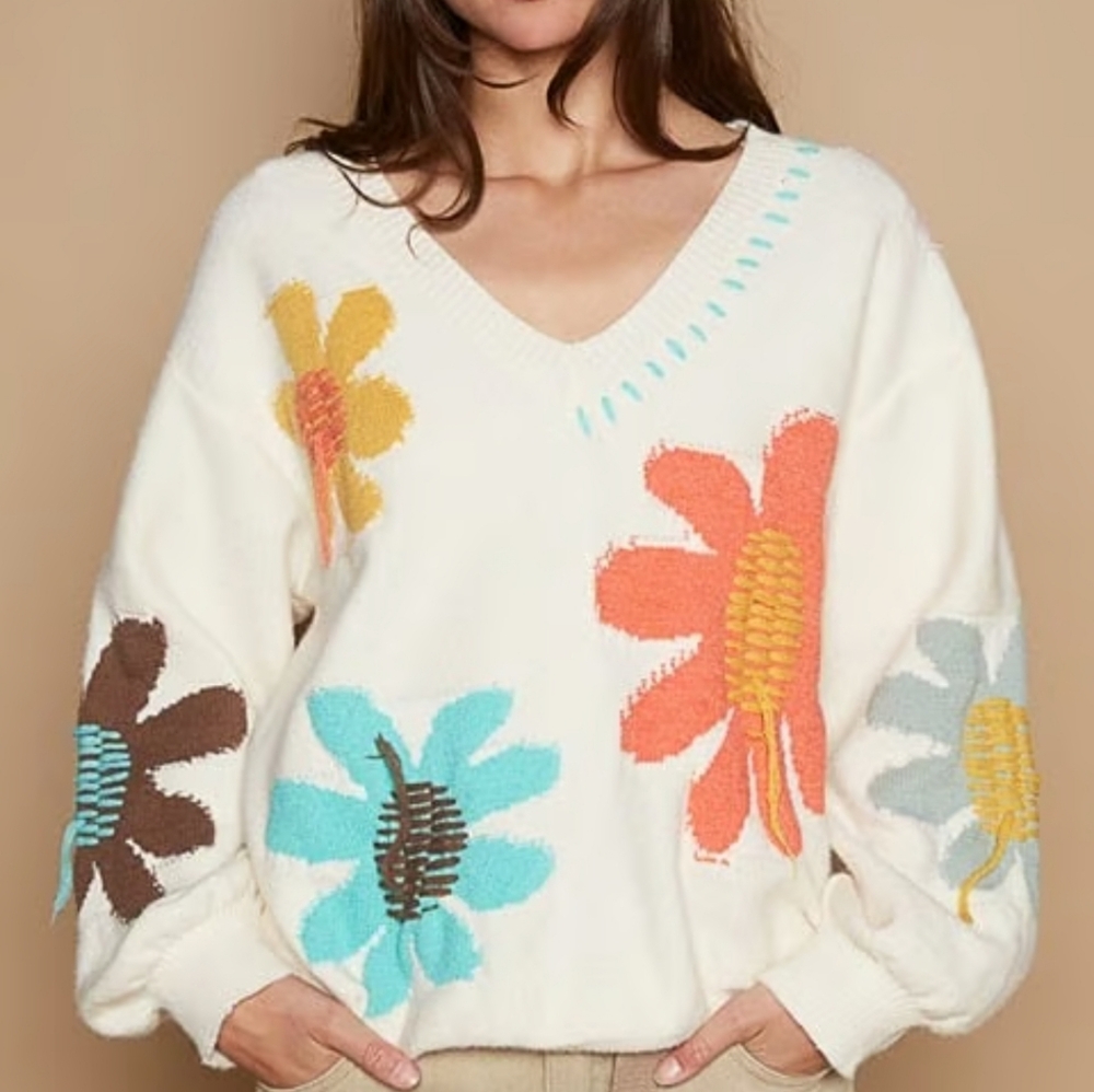 POL V-Neck Sweater Floral Women's Large